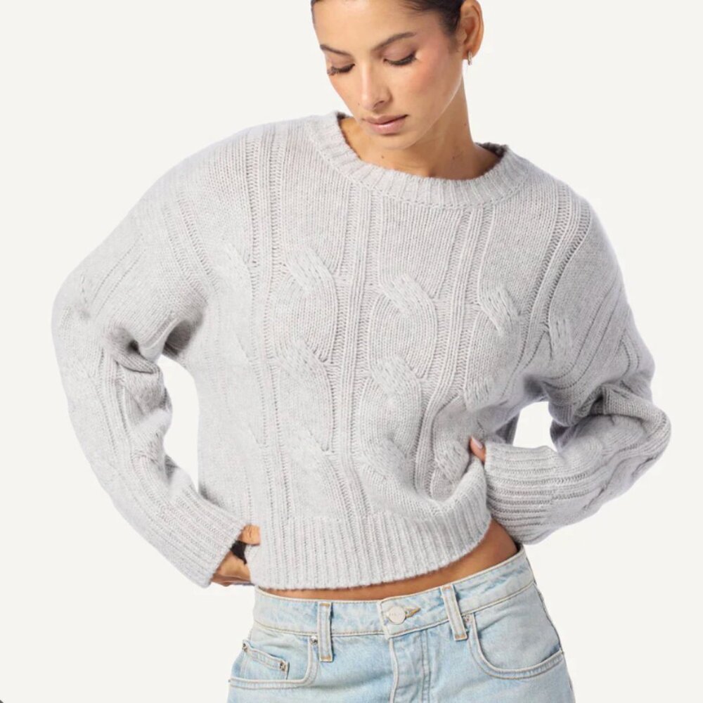 Sablyn Tristan Crewneck Cable Cashmere Pullover - Foggy